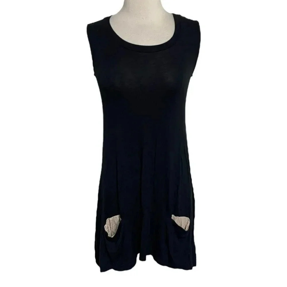 LOGO Lori Goldstein Tunic Dress XXS Black Sleeveless Pocket Rayon Spandex Knit
